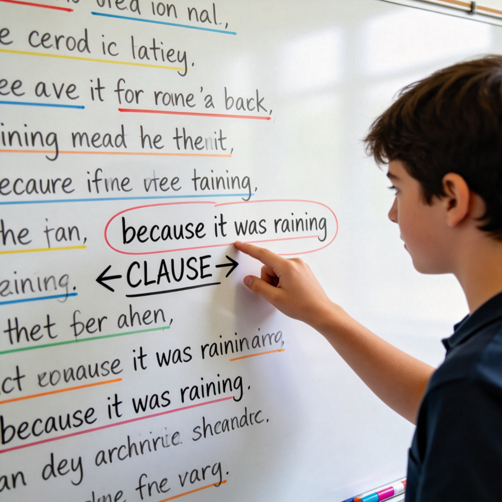 clause 从句图解：白板上用彩色笔圈出英语句子中的从句部分