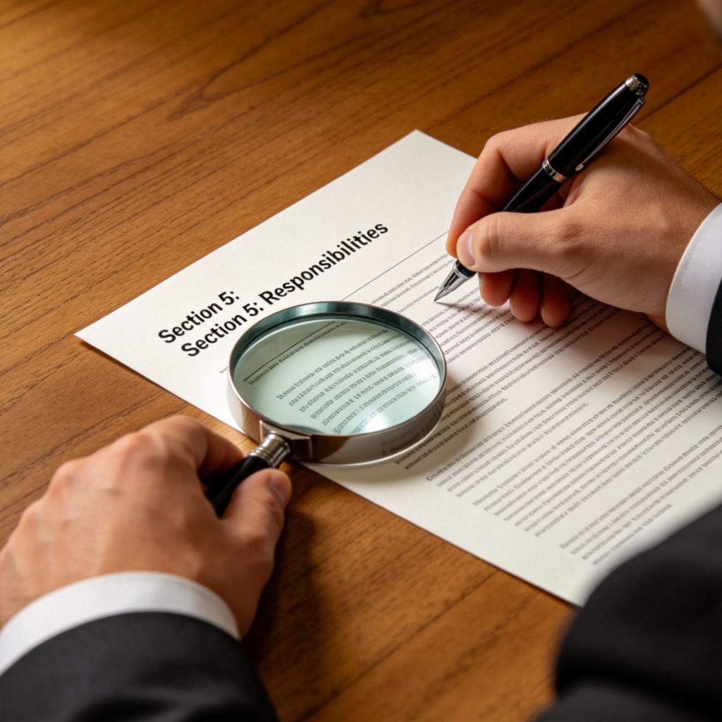 clause 条款图解：特写合同中用放大镜聚焦的具体条款段落