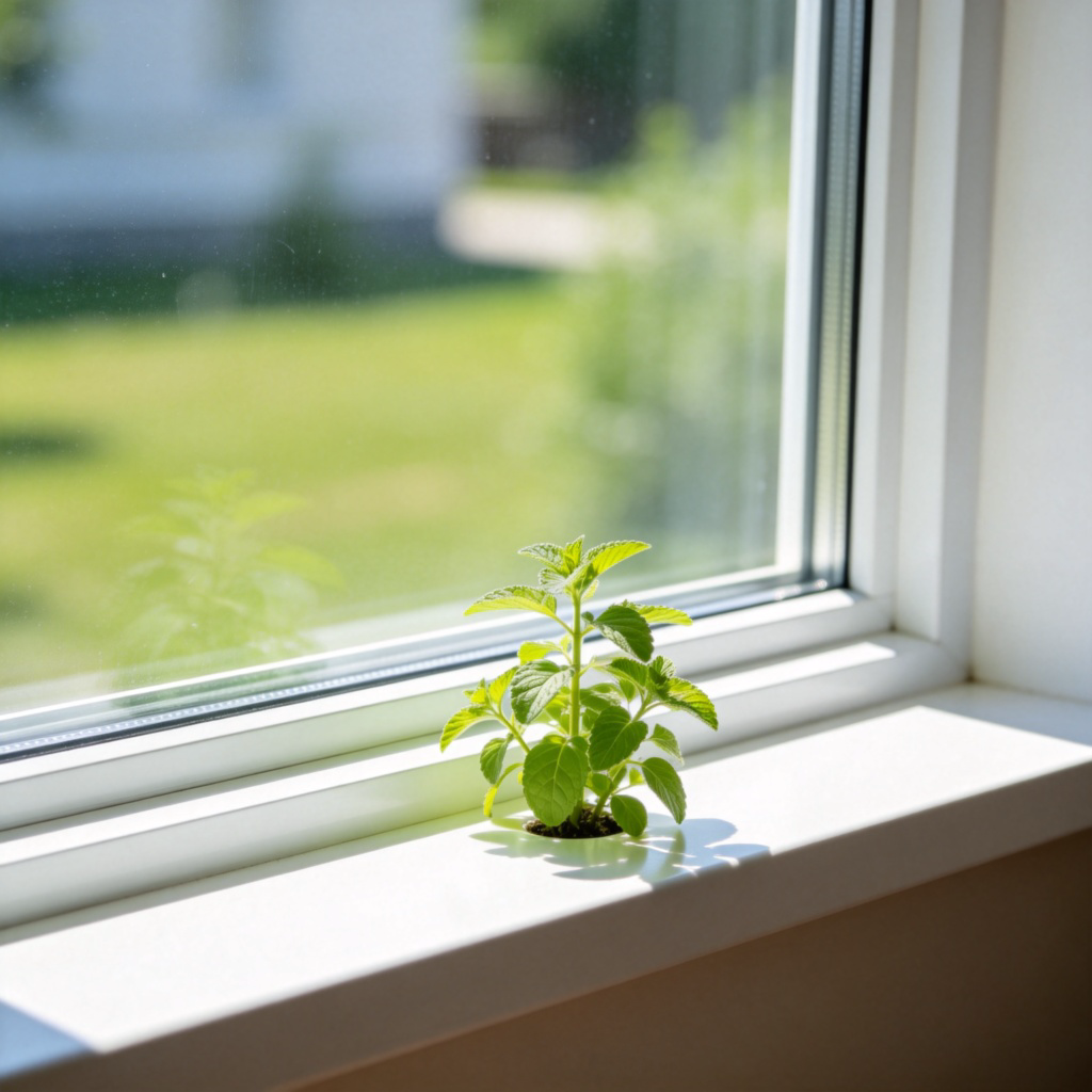 A bright, sunlit window made of clear glass, with no smudges, dust, or fingerprints. A small green plant sits on the windowsill. The focus is on the pristine clarity of the glass against a simple outdoor background. Photorealistic style, natural lighting.