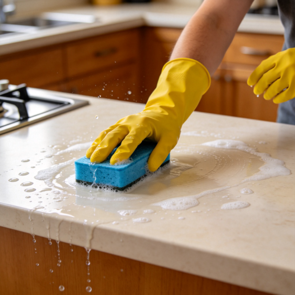 A person wearing yellow rubber gloves, actively wiping a large kitchen countertop with a blue sponge. Water droplets and soap suds are visible. The action is clear and focused on the cleaning motion. Realistic kitchen setting with cabinets in the background. Photorealistic style.