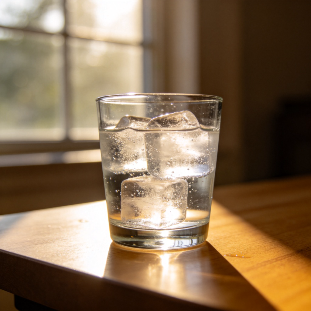 A close-up side view of a glass filled with pure, clean water and ice cubes, sitting on a wooden table. Sunlight streams through a window, making the water sparkle and the ice cubes look perfectly see-through. The background is softly blurred. No text or labels.