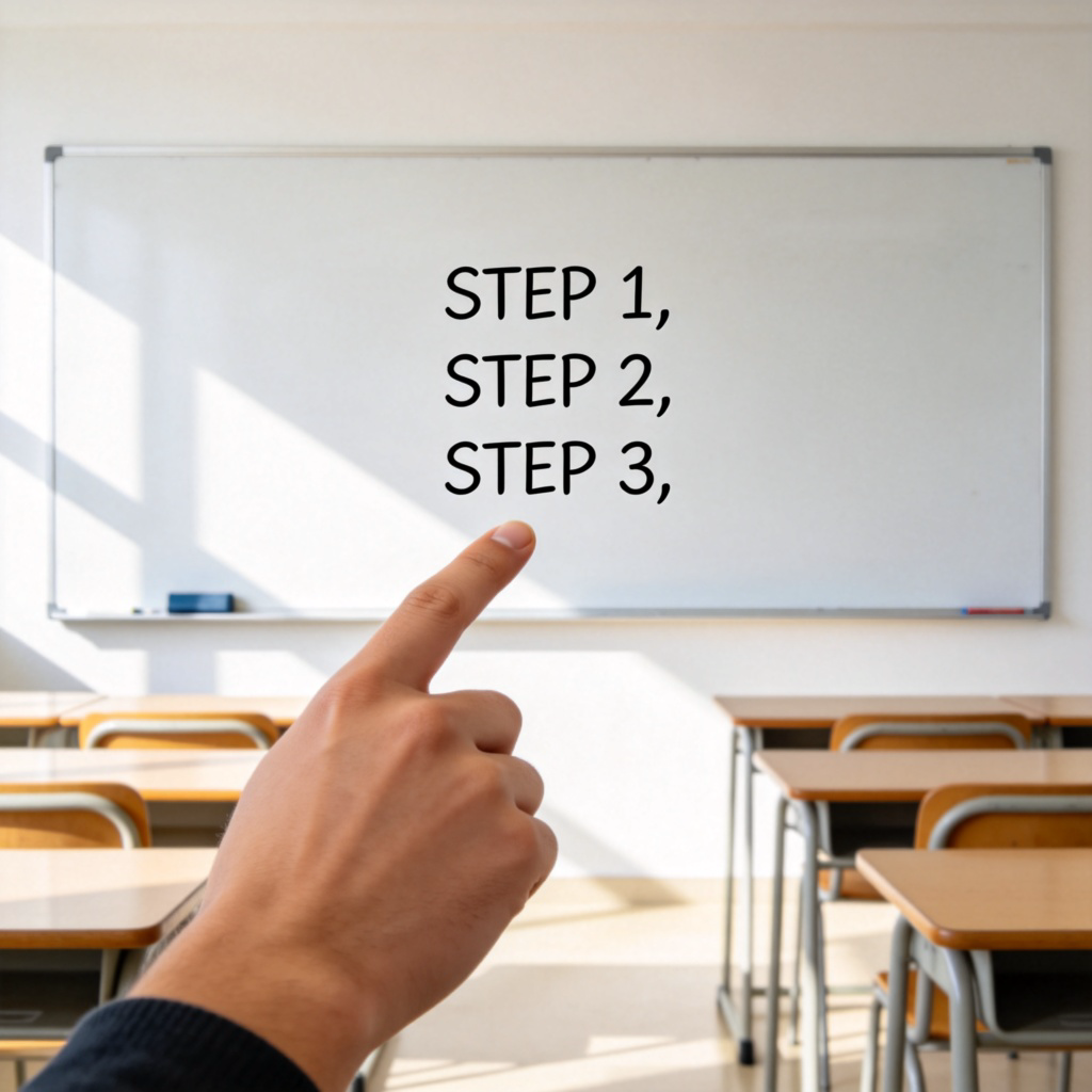 A person's hand pointing at a line of simple, large, bold text written neatly on a whiteboard that says "STEP 1, STEP 2, STEP 3". The classroom is bright and tidy. Focus is on the clear writing and the pointing finger. No text on the person's clothing.