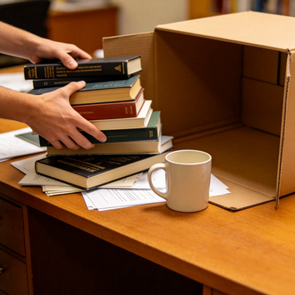 A pair of hands actively moving several books, a mug, and papers from a cluttered wooden desk into a cardboard box. The area of the desk being cleared is becoming empty and clean. Warm indoor lighting, focus on the action of clearing. No text on the items.
