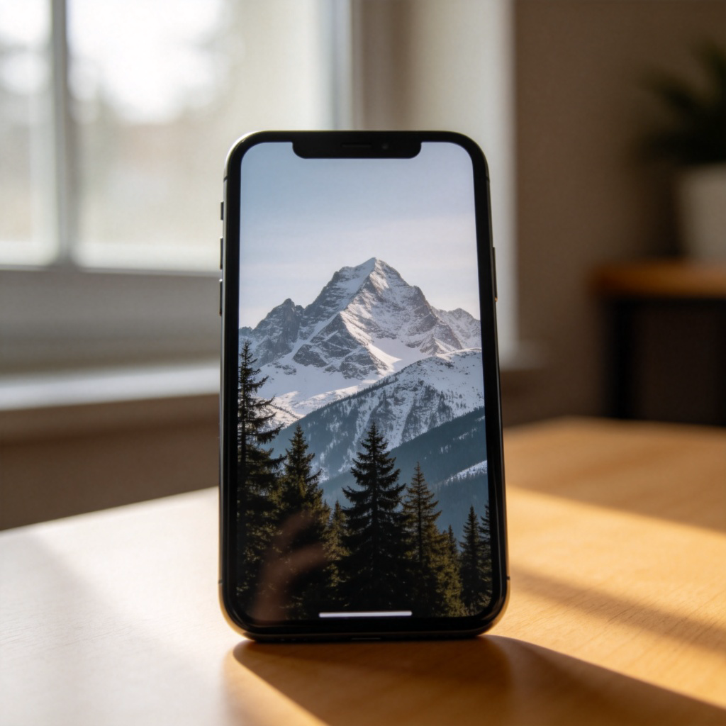 A close-up photograph of a modern smartphone screen displaying a high-definition picture of a mountain landscape. The screen is crystal clear, with sharp details of trees and snow on the peaks. The background is a simple, slightly out-of-focus desk. No reflections or text on the screen, just the pure, clear image. Natural lighting from a window.
