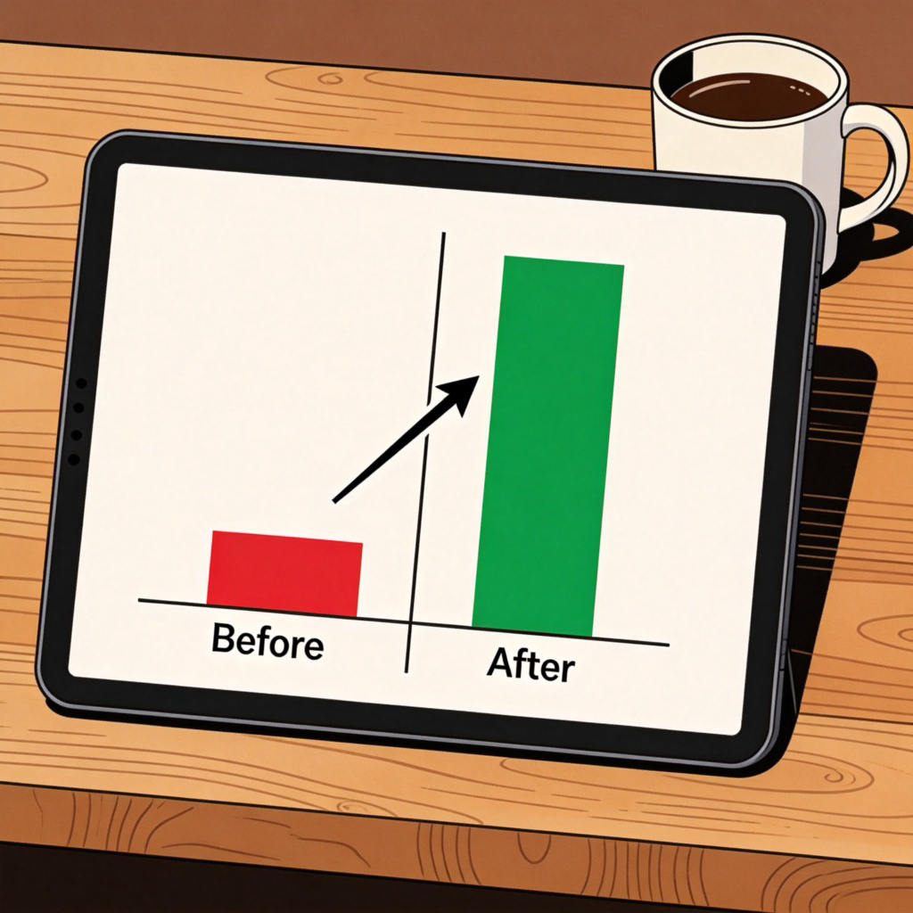 A side-by-side comparison chart on a tablet screen. The left column is labeled 'Before' and shows a low, red bar graph. The right column is labeled 'After' and shows a much taller, green bar graph. An upward-pointing arrow connects the two, emphasizing the dramatic increase. The tablet is on a wooden desk with a coffee mug beside it. The message of growth and obvious difference is clear at a glance.