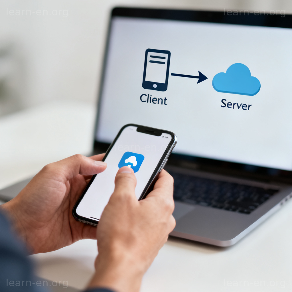 Client device diagram showing a smartphone requesting data from a server in a network.