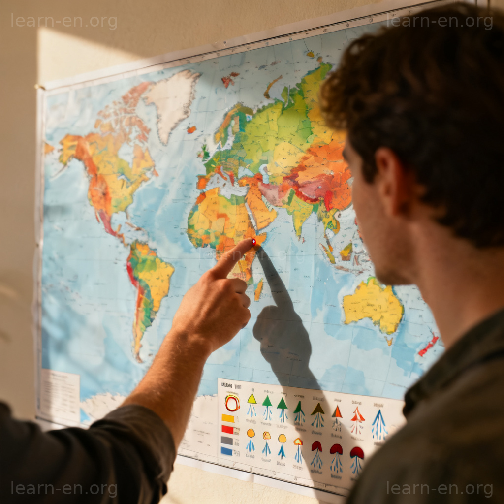 Climatic definition illustrated by a person analyzing a world climate zone map, pointing to regional temperature and rainfall patterns.