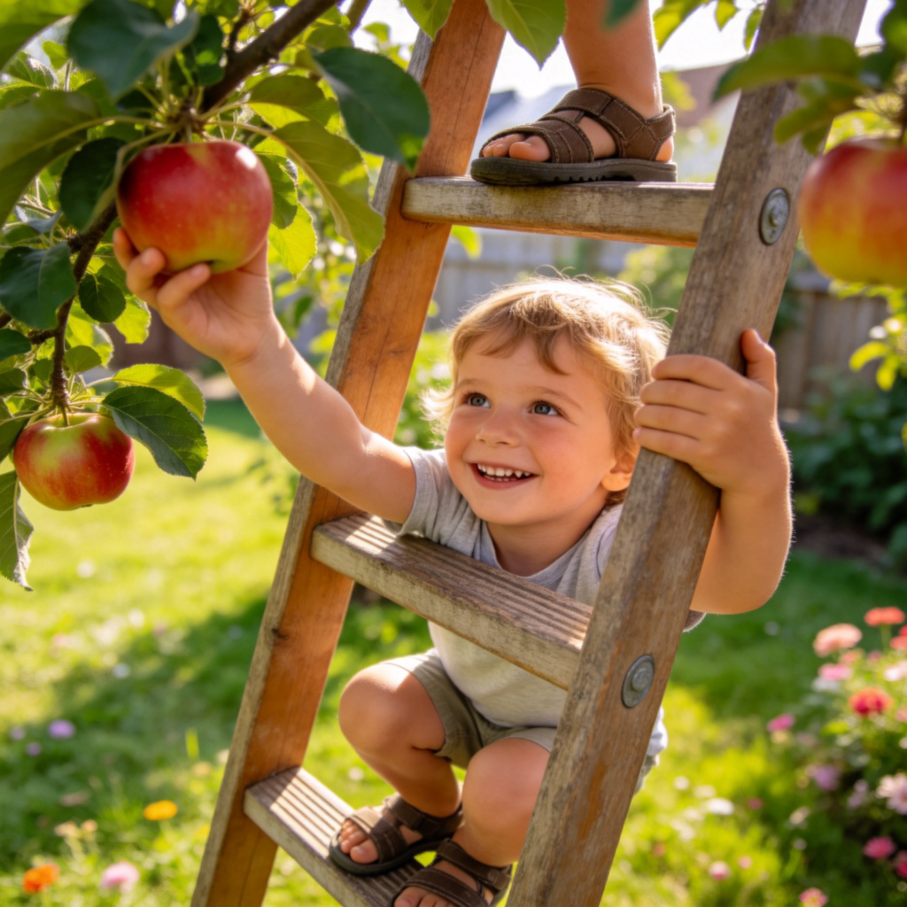 A young child, smiling, climbing up a sturdy wooden ladder in a backyard garden to pick an apple from a tree. Bright sunny day, focus on the child's hands gripping the ladder and feet on the rungs. Realistic photo style, no text.