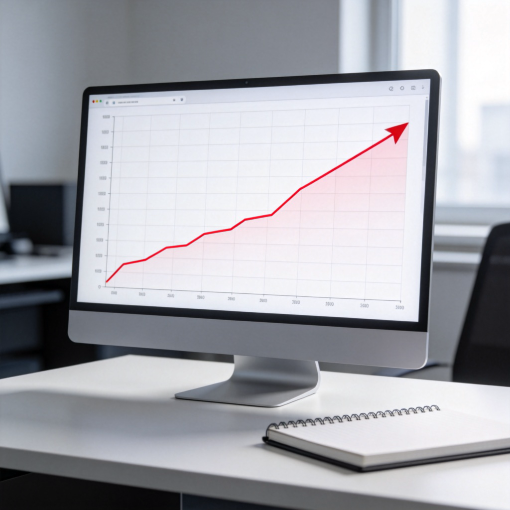 A clear digital line graph on a computer screen, showing a red line moving upwards from left to right, representing increasing data. The background is a simple office desk with a notebook. Clean, modern, realistic style. No text on the graph or screen.