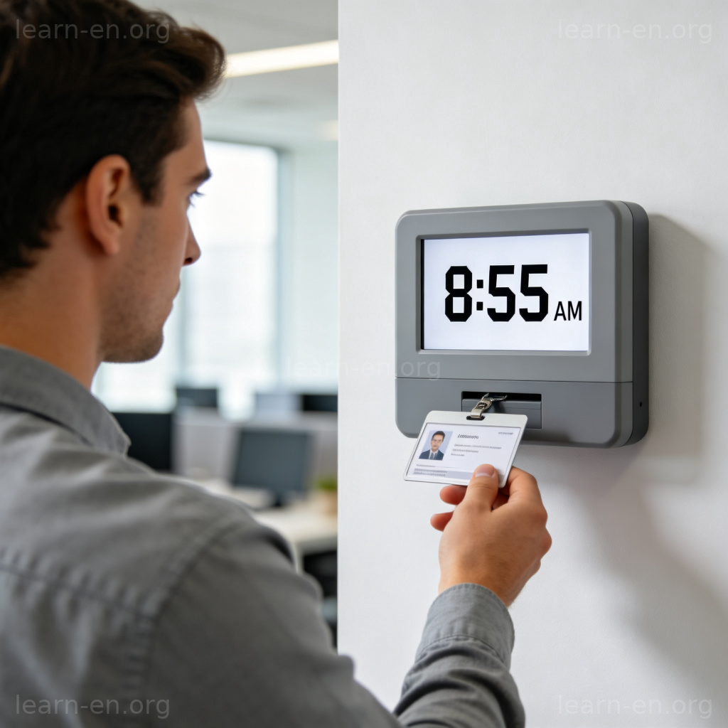 Clock in 图解：员工在办公室使用打卡机记录上班时间