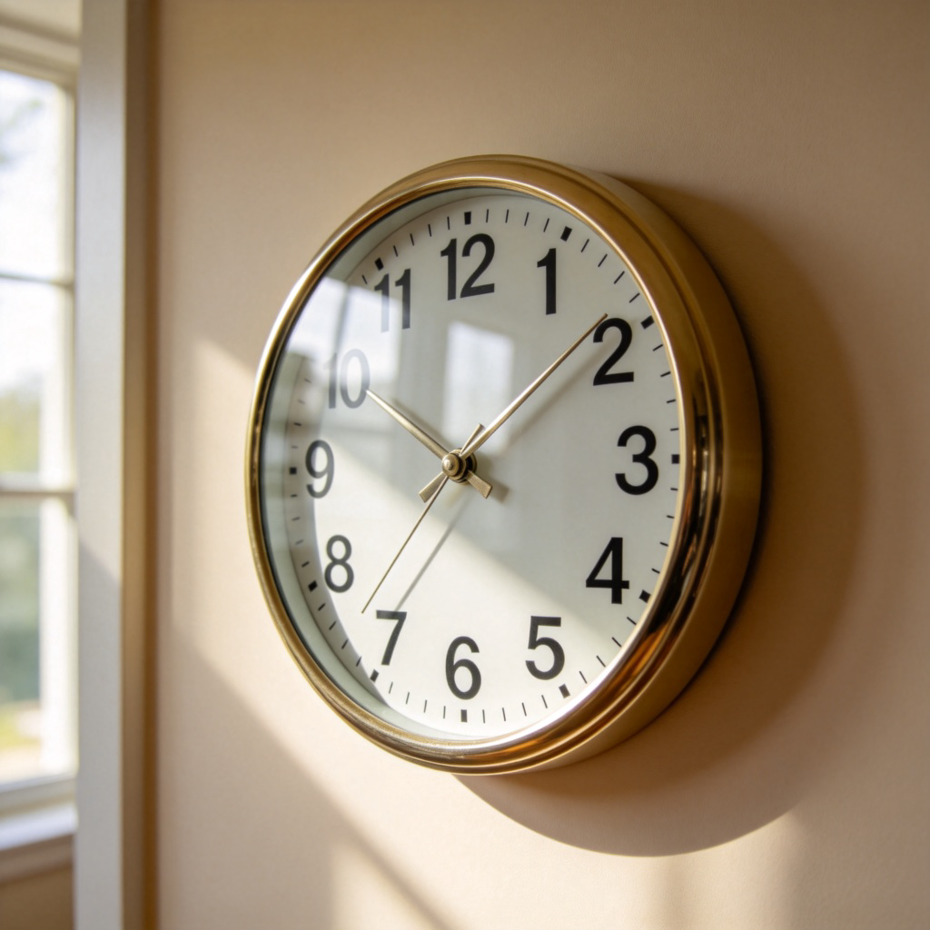 A close-up photograph of a classic round wall clock with clear numbers and two hands (hour and minute), hanging on a plain light-colored wall in a home living room. Daylight from a window slightly illuminates the face. No text or logos on the clock face.