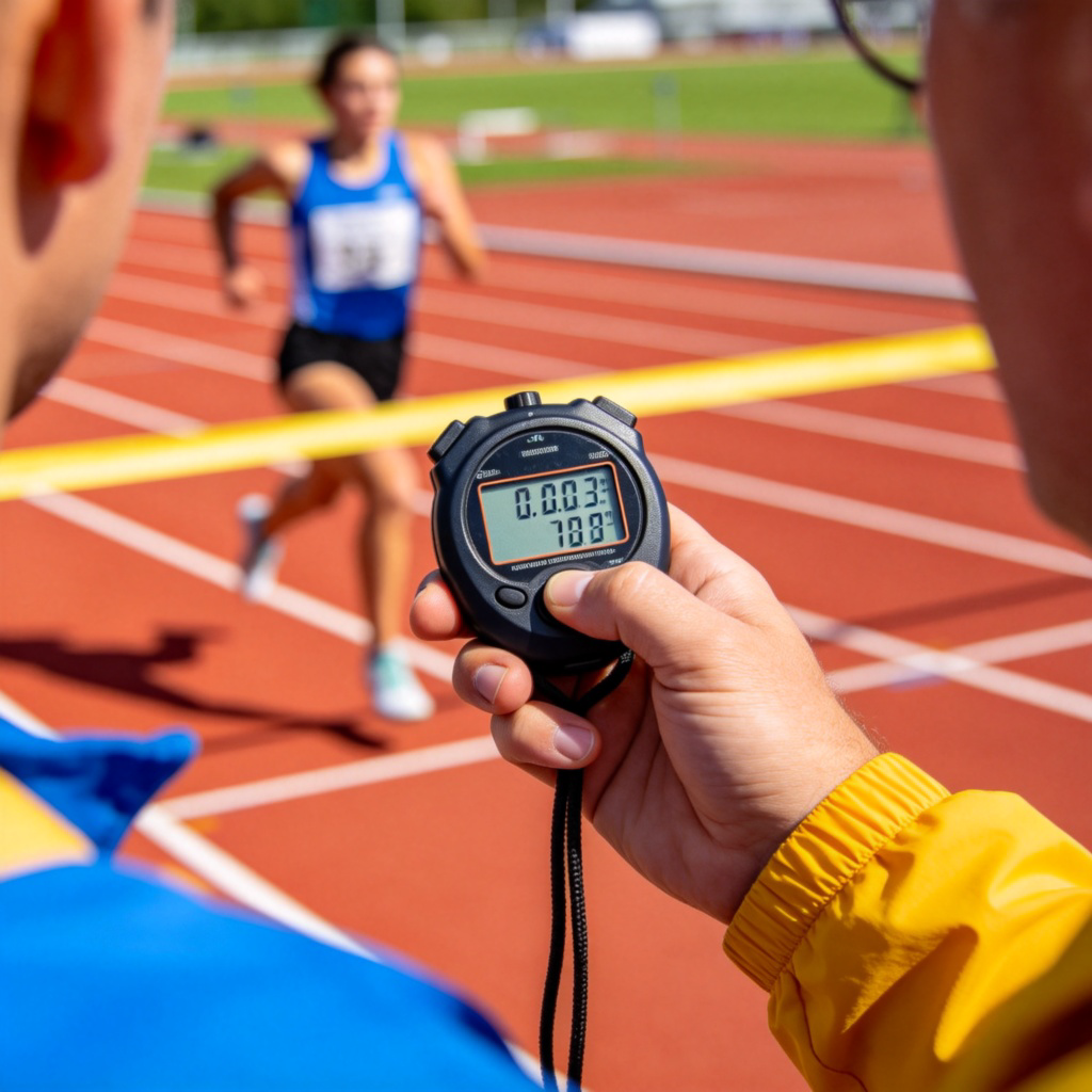 A photo of a sports official at a running track, holding a digital stopwatch and pressing the button as an athlete in sportswear crosses the finish line. Focus is on the official's hand and the stopwatch screen showing numbers. Bright daylight, clear action shot.