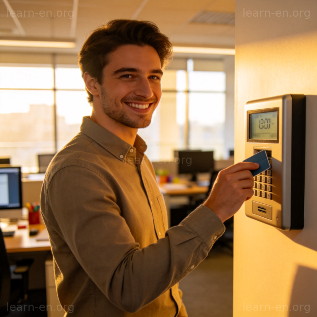 clock out 图解：员工在办公室打卡机刷卡下班场景