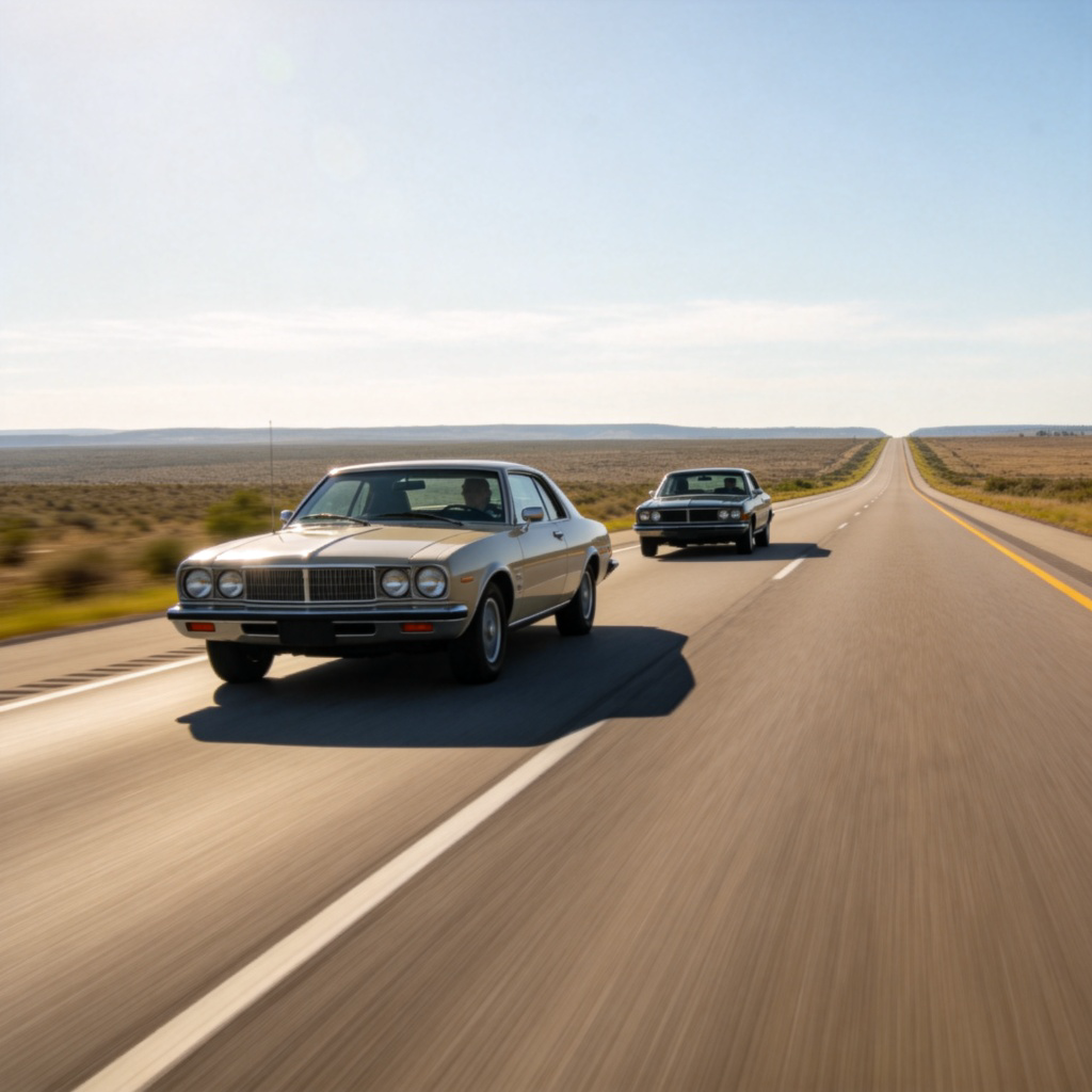Two cars driving on a long, straight highway, one slightly behind the other, getting closer together. View from the side, showing the decreasing distance between them against a simple landscape background. Bright daylight. No text.