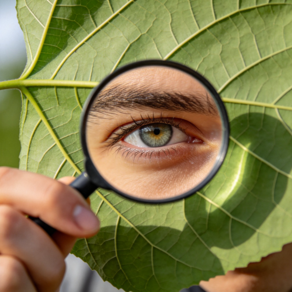 A close-up photo of a person using a magnifying glass to examine the intricate veins of a green leaf. Their eye is visible through the glass, showing intense focus. The background is softly blurred, with natural daylight. No text or numbers in the image.