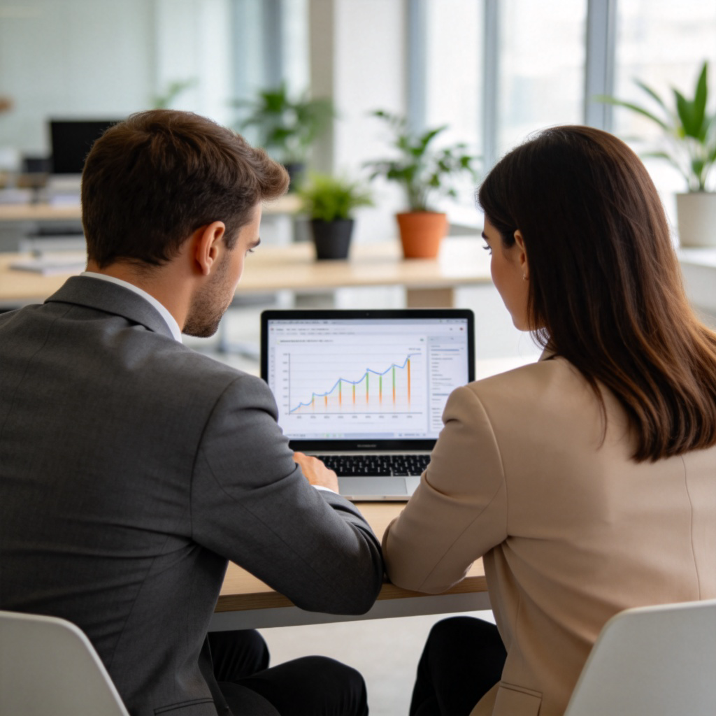 Two business professionals, a man and a woman, sitting side by side at a modern desk, looking intently at the same laptop screen. Their shoulders are almost touching, showing collaboration. On the screen is a graph or a project plan. Clean office background with plants. No text on screen or in the scene.