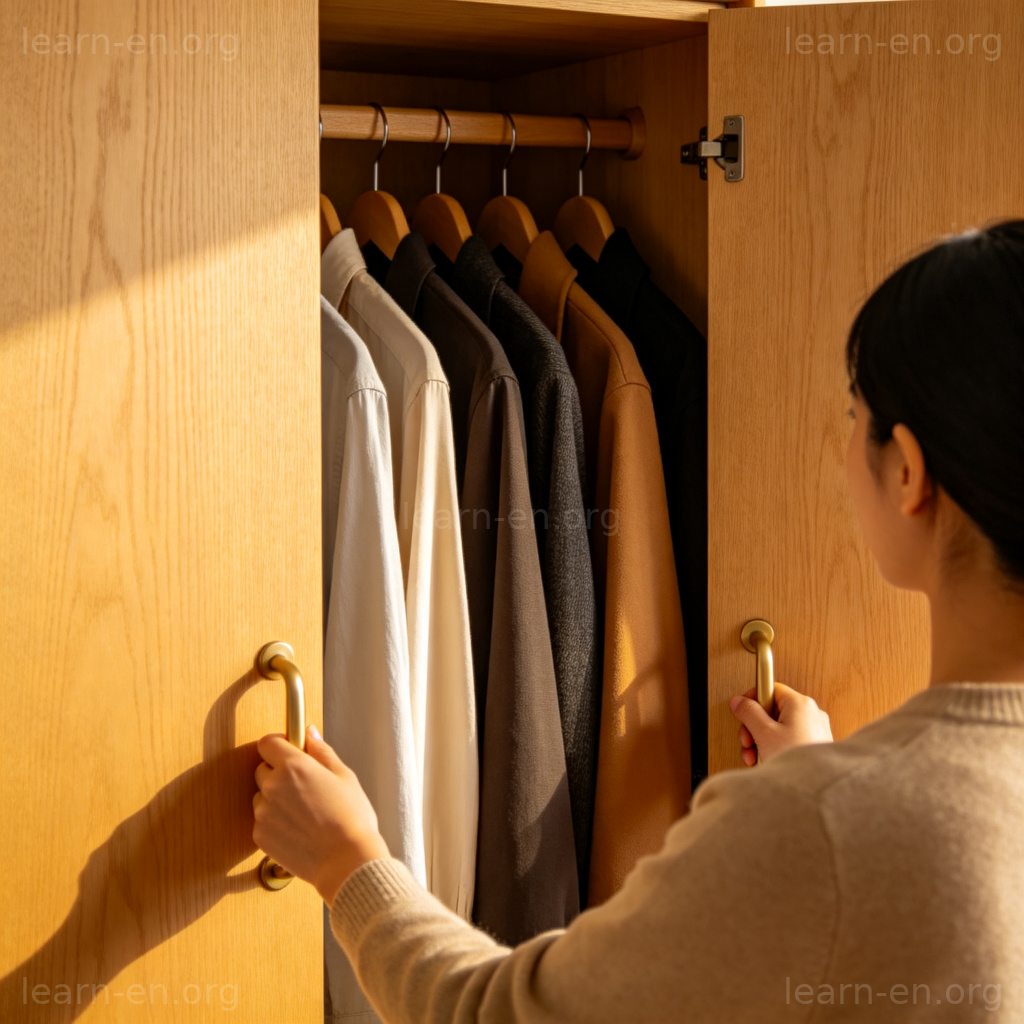 Closet storage cupboard with hung clothes inside