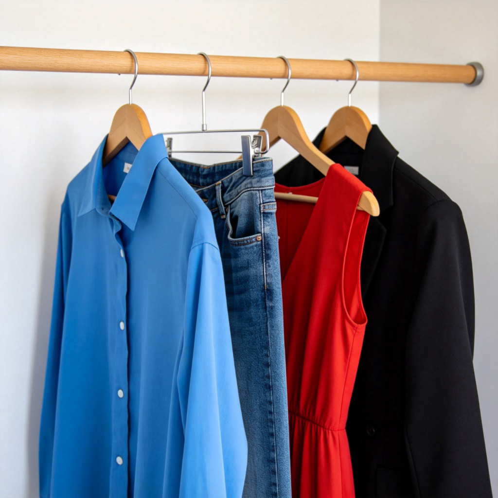 A neatly organized modern closet with a variety of clothes hanging on a wooden rail. Visible items include a blue shirt, a pair of jeans, a red dress, and a black jacket. The background is a plain light-colored wall. The focus is on the texture and details of the fabrics. Realistic photograph style, bright and clear lighting.