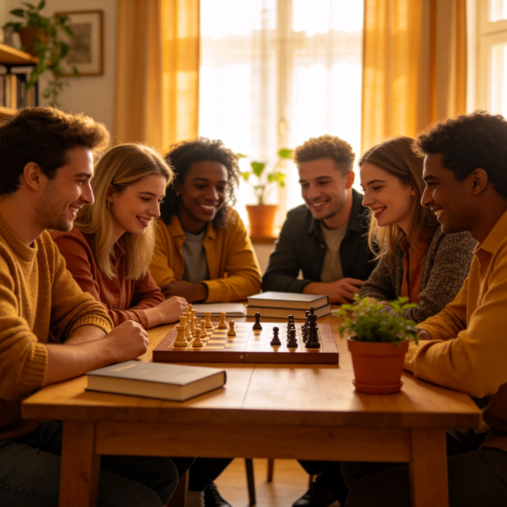 A group of diverse people sitting around a table in a cozy room, smiling and discussing a chessboard. They are wearing casual clothes. There are a few books and a potted plant on the table, suggesting a friendly club meeting. Natural lighting, warm atmosphere. No text.