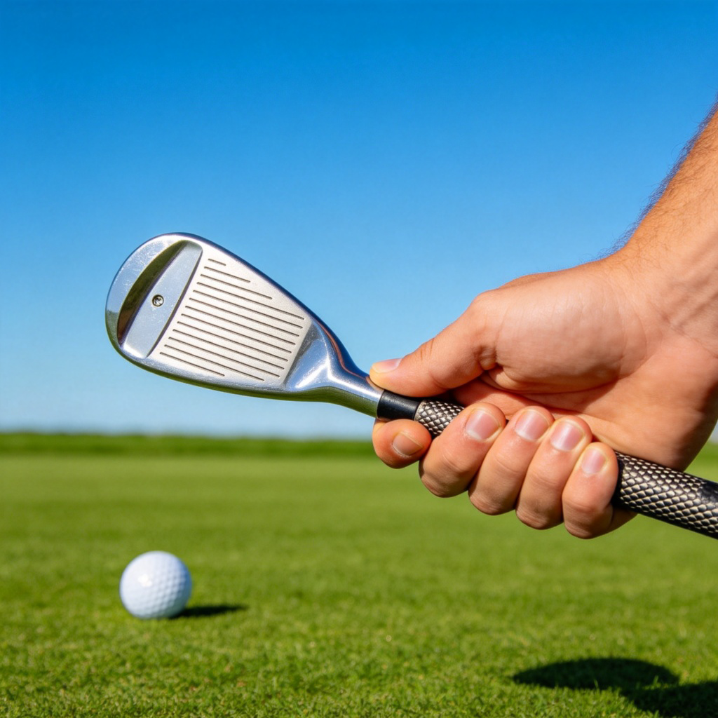 A person's hands holding a modern golf club, poised to swing on a bright green golf course. The focus is on the metal club head and the grip. In the background, there is a golf ball on the grass. Sunny day, clear blue sky. No text.
