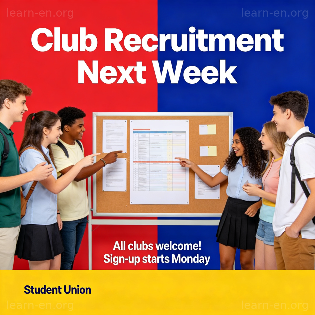 Club recruitment next week poster on bulletin board with students