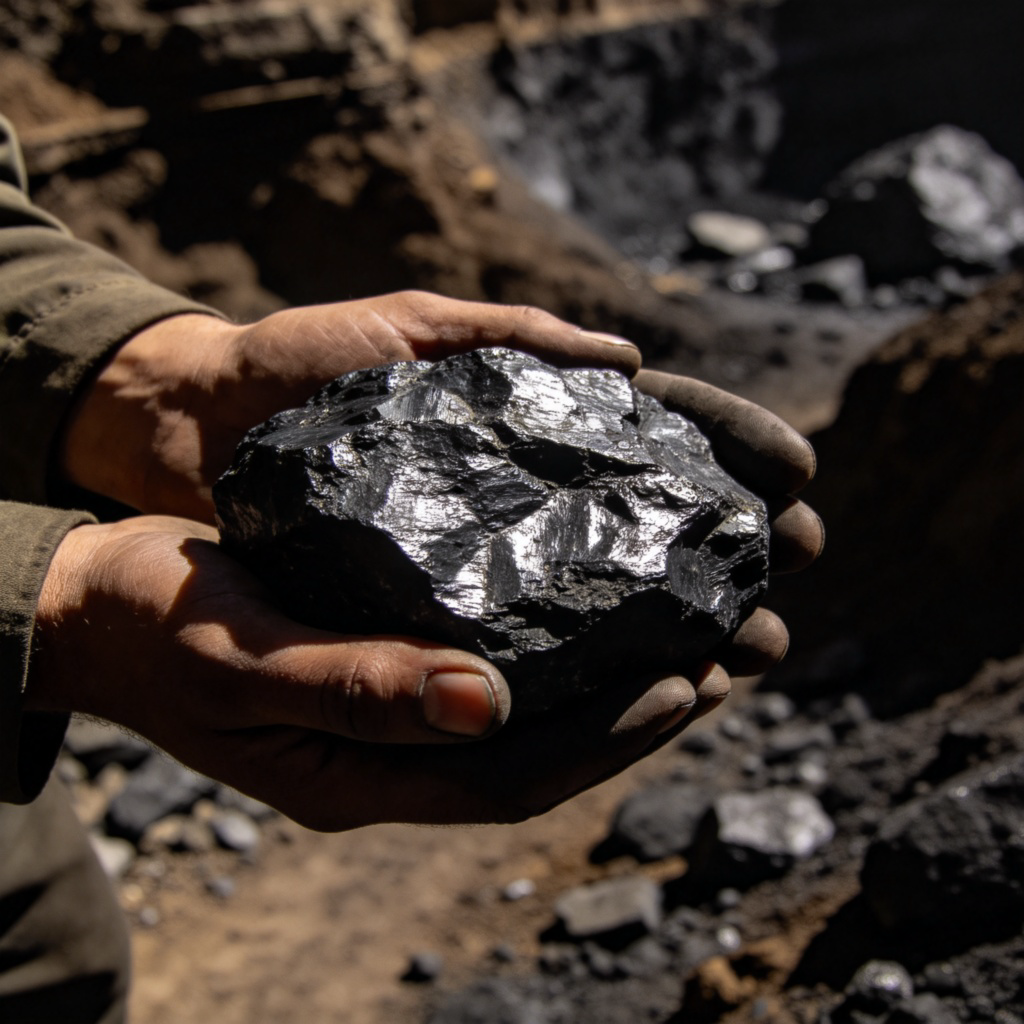 coal 图解：煤矿中手持黑色煤块的场景