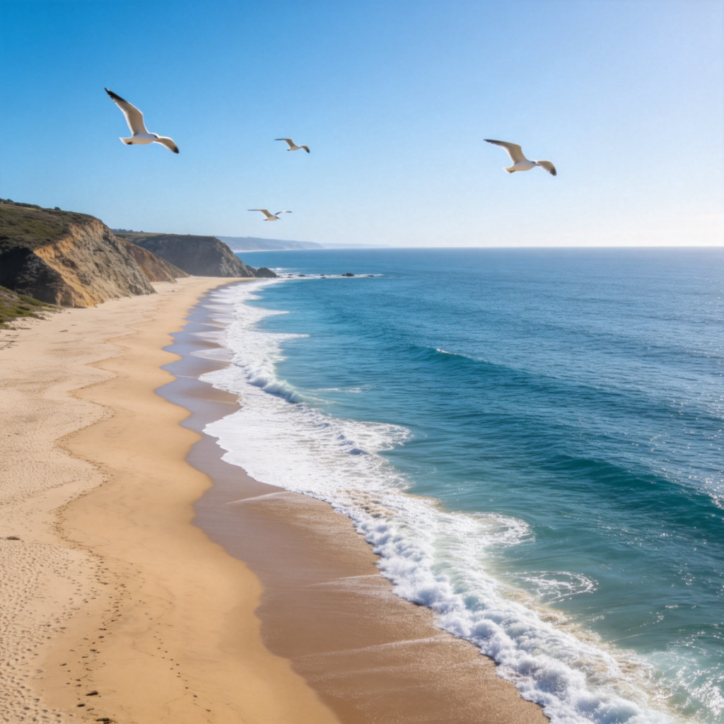 A wide-angle view of a scenic coastline with a sandy beach on one side and calm blue ocean on the other. Gentle waves are lapping at the shore. A few seagulls are flying in the sky. Bright daylight, clear horizon. No people or buildings in focus.