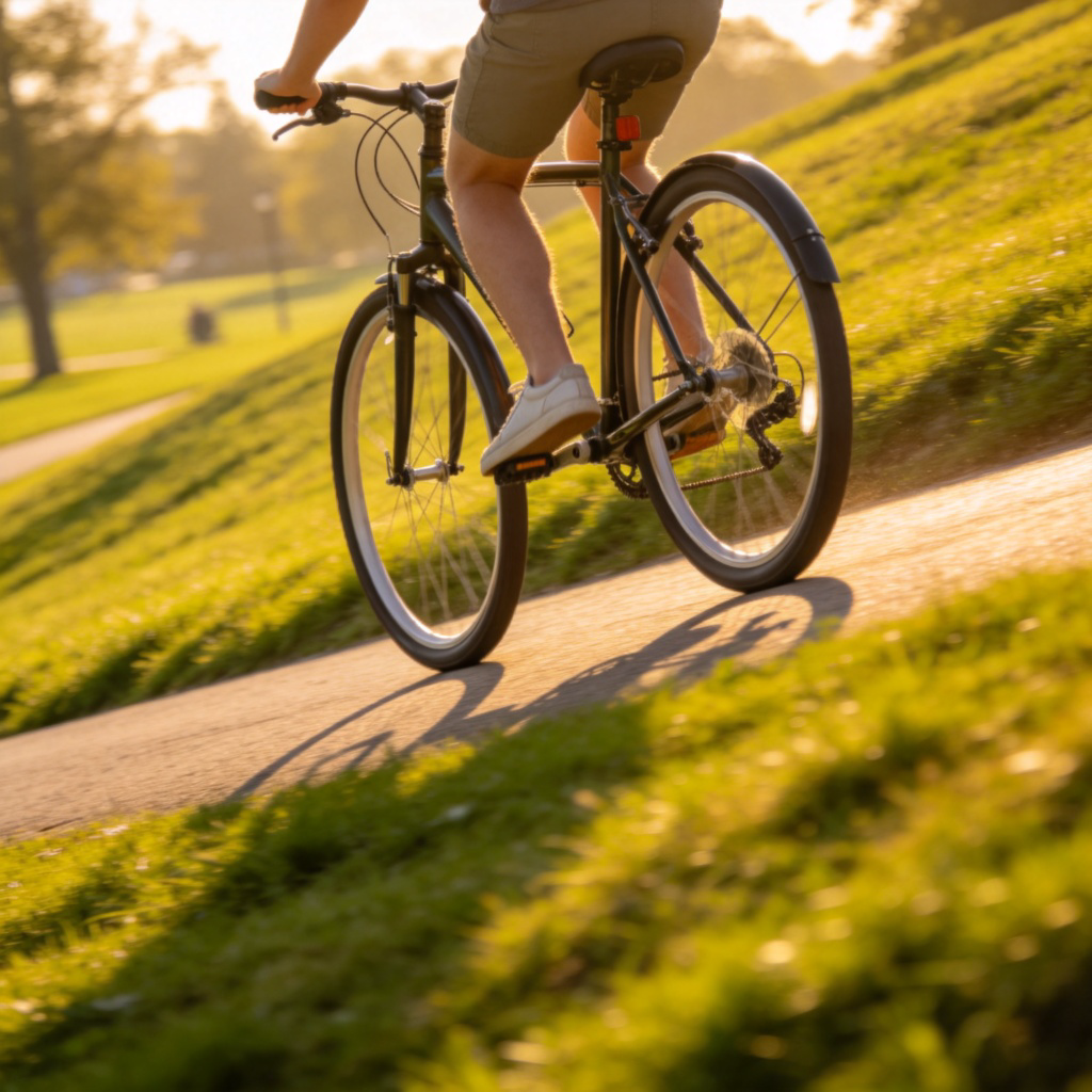 A side-view shot of a person riding a bicycle down a gentle hill in a park. The person's feet are off the pedals, and the bicycle is moving smoothly without pedaling. The path is clear, with green grass on both sides. Sunny day, action captured.