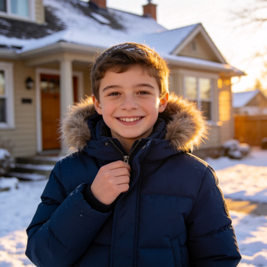 A young person smiling, zipping up a puffy, dark blue winter coat while standing outside a cozy-looking house on a sunny but chilly day. Snow lightly dusts the ground and rooftops in the background. Focus is on the person and the coat.