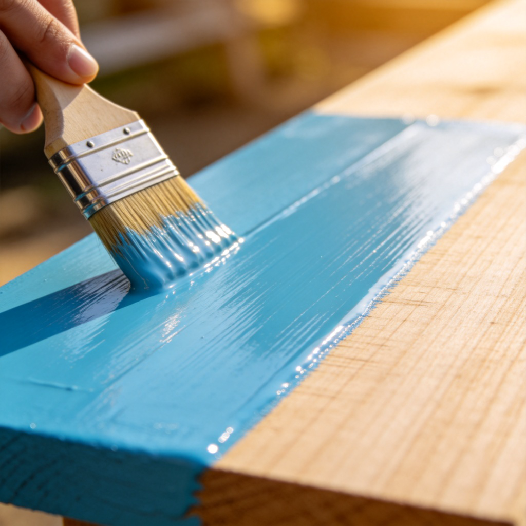 A close-up shot of a painter's hand using a brush to smoothly apply a glossy, sky-blue coat of paint onto a clean, bare wooden board. The fresh paint contrasts sharply with the unpainted wood next to it. Natural light, no text.