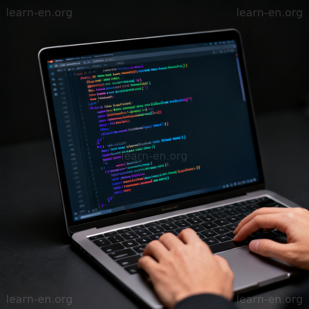 Code meaning illustrated by colorful programming syntax on a laptop screen.