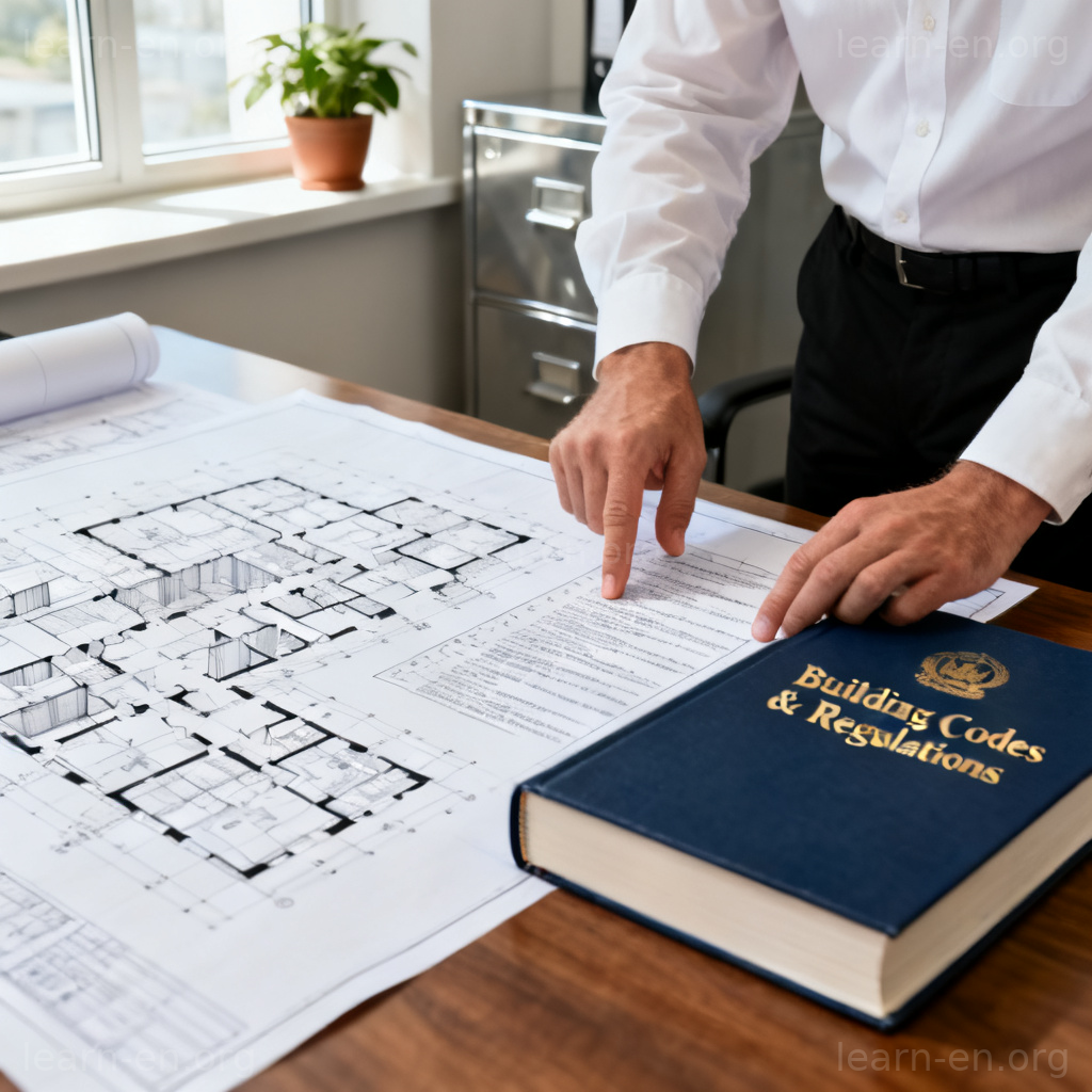 Set of rules code depicted as an architect consulting building regulations.