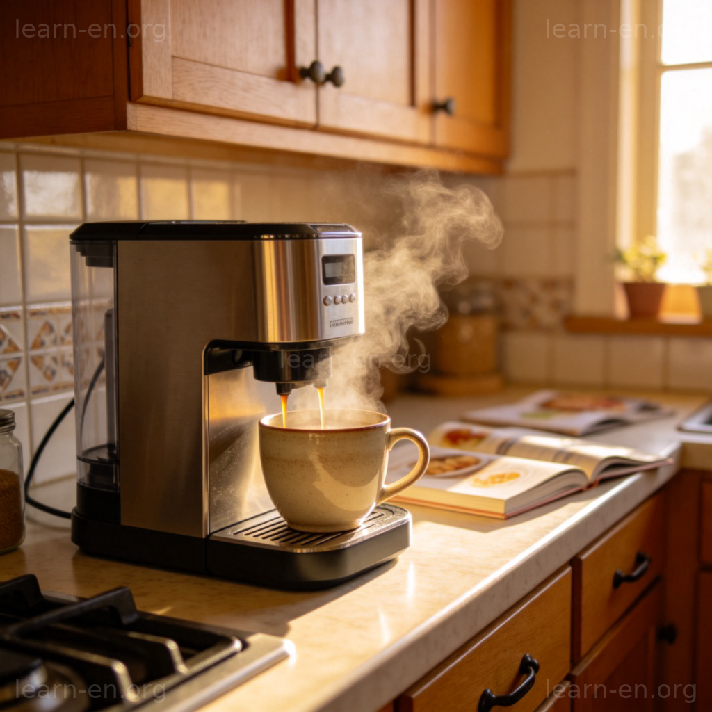 Coffee Maker 咖啡机图解：现代厨房中正在冲泡咖啡的咖啡机