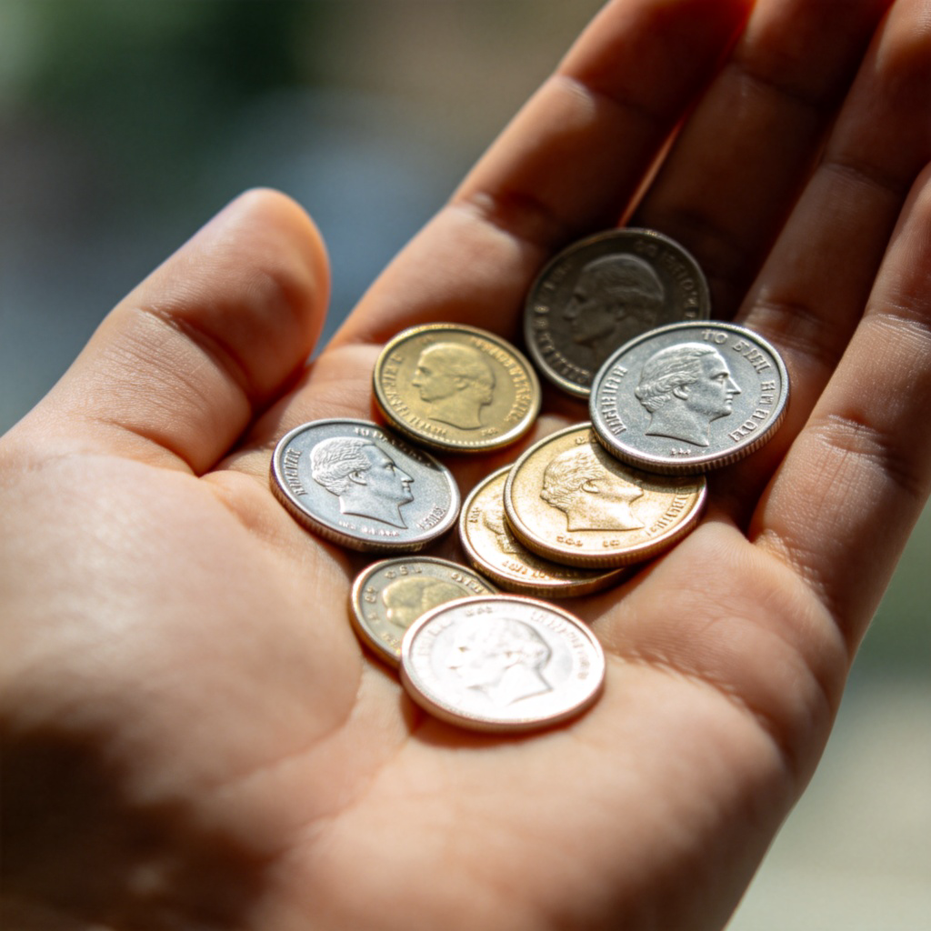 A close-up photo of a person's open hand, with several shiny metal coins of different sizes and values resting on the palm. Some coins show clear faces or national symbols. The background is softly blurred, focusing all attention on the coins. Daylight lighting, realistic texture.