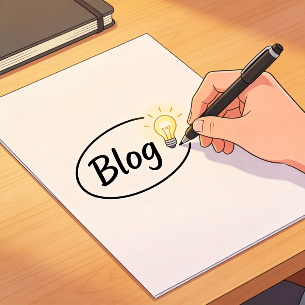 A person's hand holding a pen, writing the newly invented word 'Blog' on a piece of paper. The word is circled, and a small lightbulb icon is glowing brightly next to it, symbolizing the idea. The scene is on a wooden desk with a notebook. Clean, illustrative style.