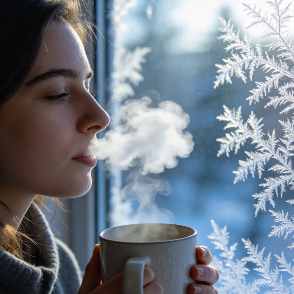 A close-up view of a person's breath forming a small white cloud in front of their face on a crisp day. In the background, a window shows delicate frost patterns. The person is holding a steaming mug. Photorealistic style, soft morning light, focus on the contrast between the warm breath cloud and the cold environment. No text.