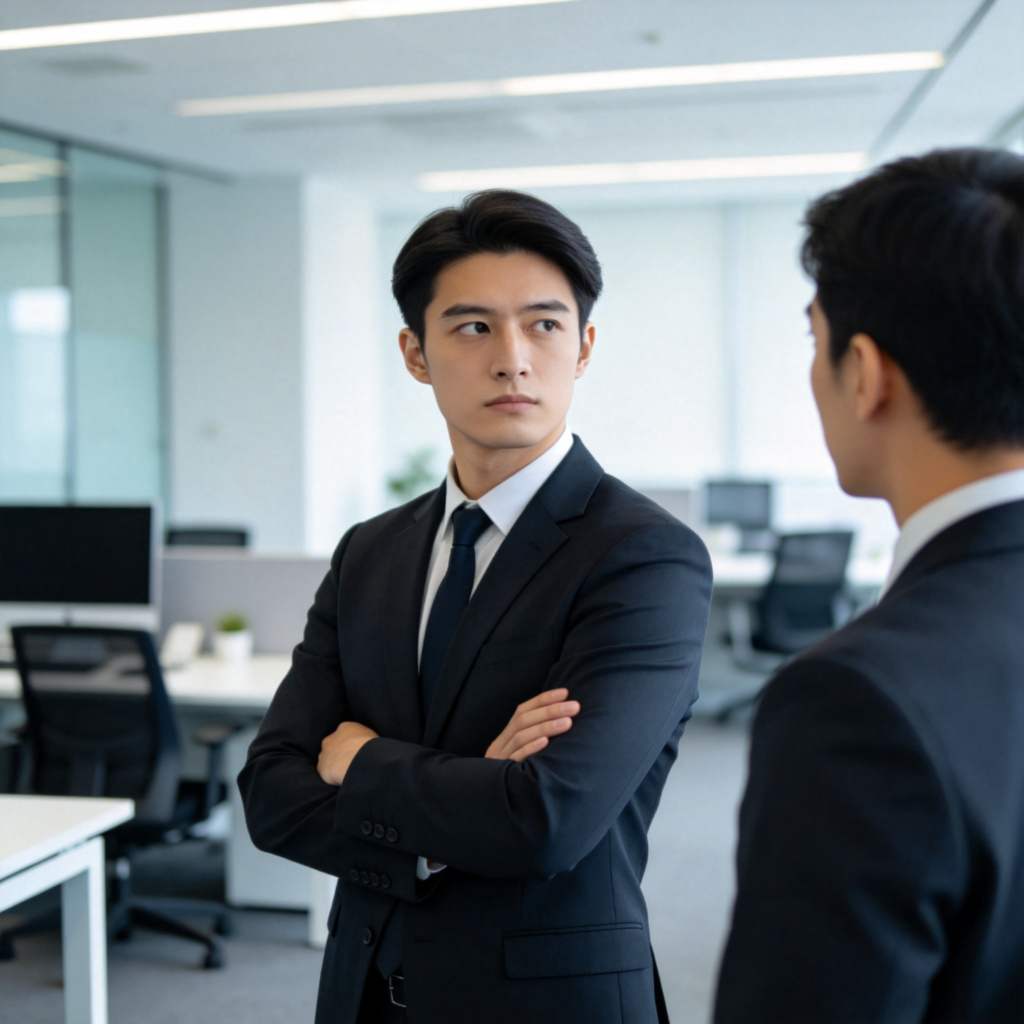 A person in a modern office setting is standing with their arms crossed, looking away from a colleague who is trying to speak to them. The person has a neutral, uninviting facial expression. The atmosphere feels formal and distant. Clean, realistic photography style, emphasis on body language and lack of eye contact. No text.