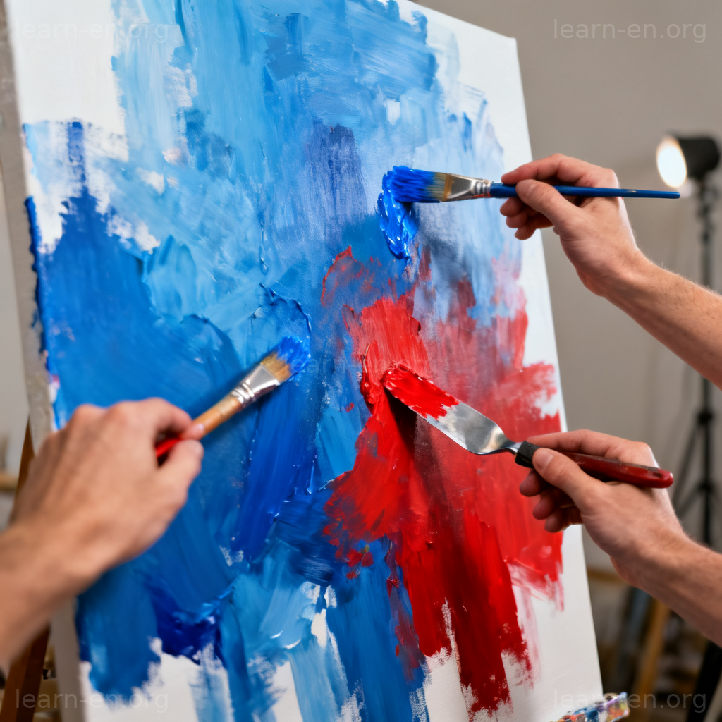 Collaboration joint painting with two artists adding colors