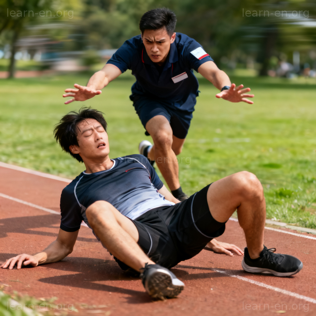 Collapse depicted as an athlete fainting, with a friend providing support.