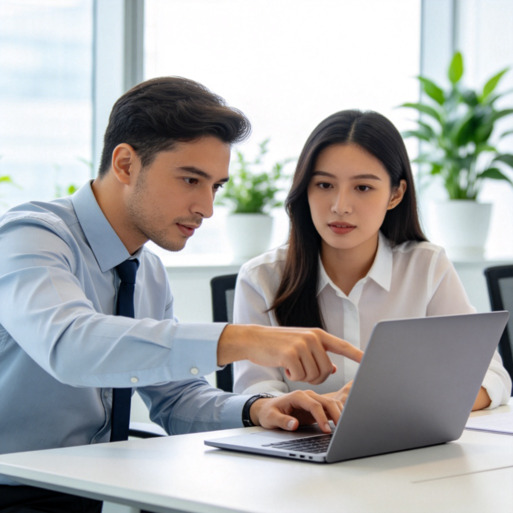 Two business professionals, a man and a woman, dressed in smart casual attire, are having a friendly discussion while sitting at a modern office meeting table. One is pointing to something on a laptop screen, and the other is listening attentively. The background is a bright, clean office with potted plants. The focus is on their cooperative interaction and professional demeanor.