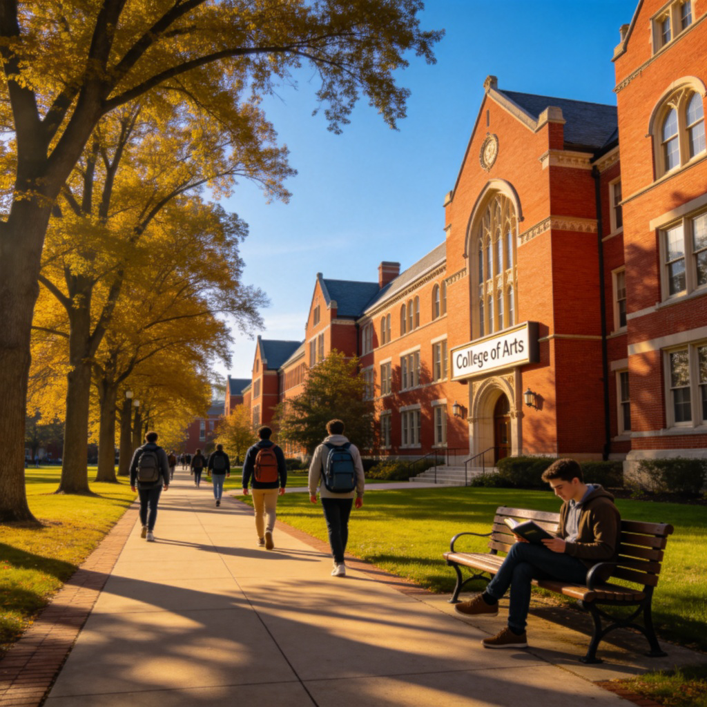 A wide-angle view of a classic university campus with red brick buildings. A group of young adult students are walking on a tree-lined path, carrying backpacks and books. One student sits on a bench reading. The main building has a sign that says ‘College of Arts’. Sunny day, clear sky. No text or logos.