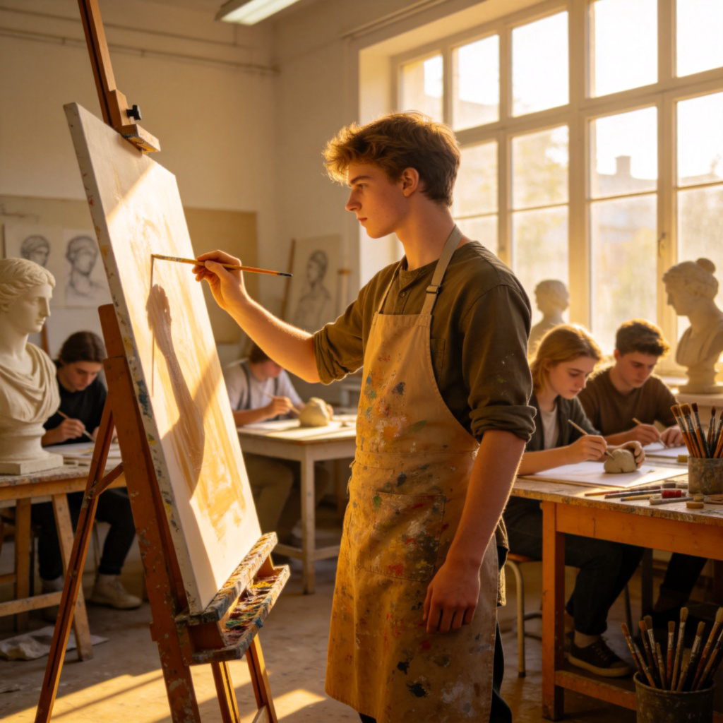 A focused shot inside an art studio classroom. A young adult is painting on a large canvas at an easel, wearing a paint-smeared apron. In the background, other students are sculpting or sketching. The room is filled with natural light from large windows. No text.
