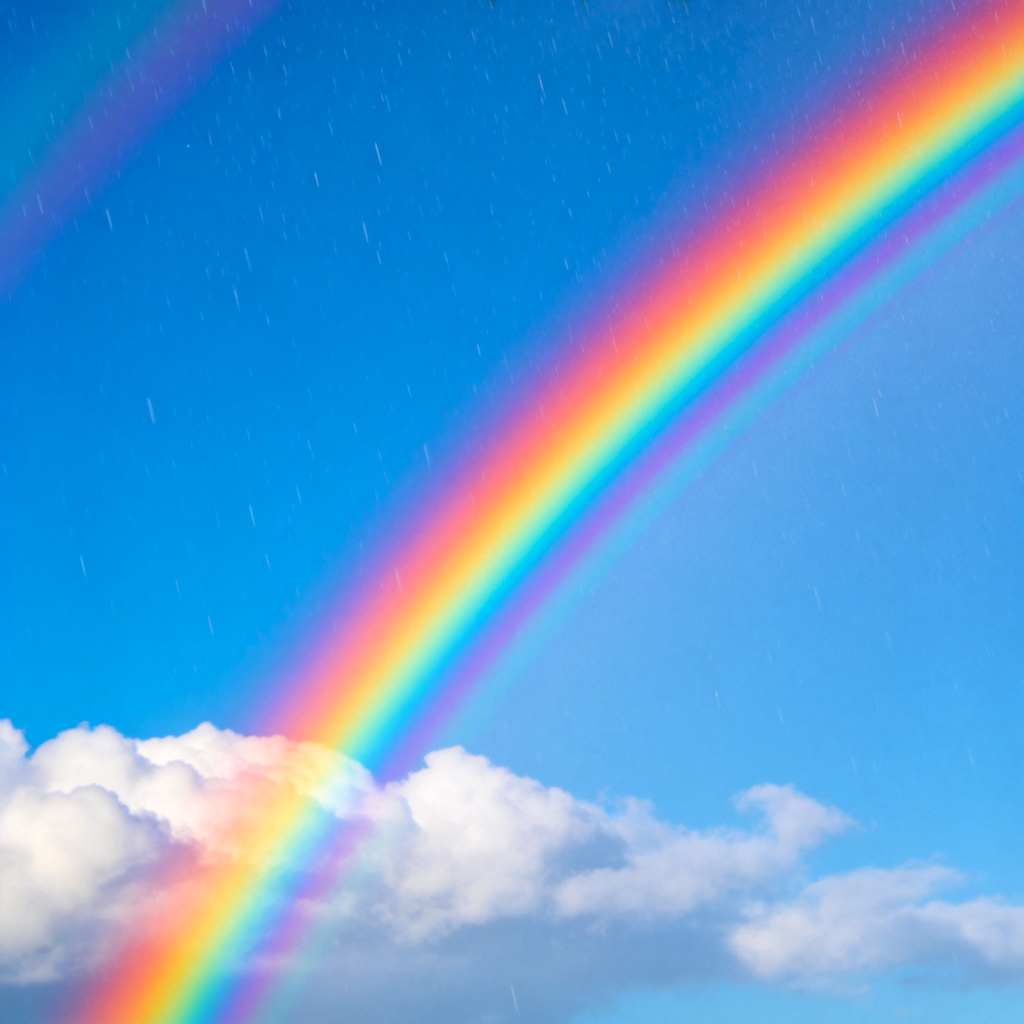 A vibrant rainbow arching across a clear blue sky after rain. The colors are distinct and saturated: red, orange, yellow, green, blue, indigo, violet. Landscape view, bright natural light, focus on the rainbow against soft white clouds. No text or logos.