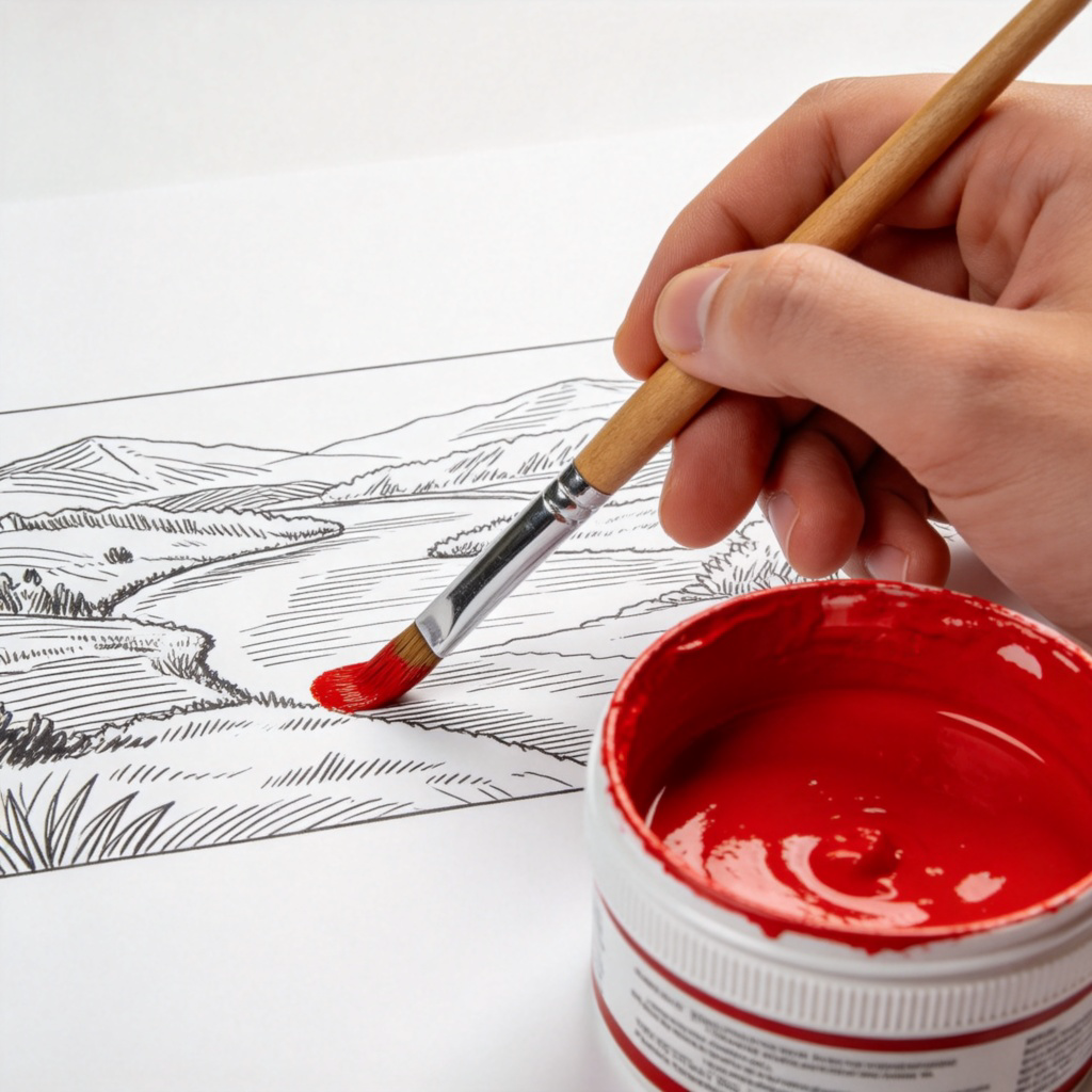 A person's hand holding a paintbrush, dipping it into a pot of bright red paint. The brush is about to touch a black-and-white line drawing of a landscape, suggesting the moment before color transforms it. Close-up on the hand and brush, clean white background. No text.