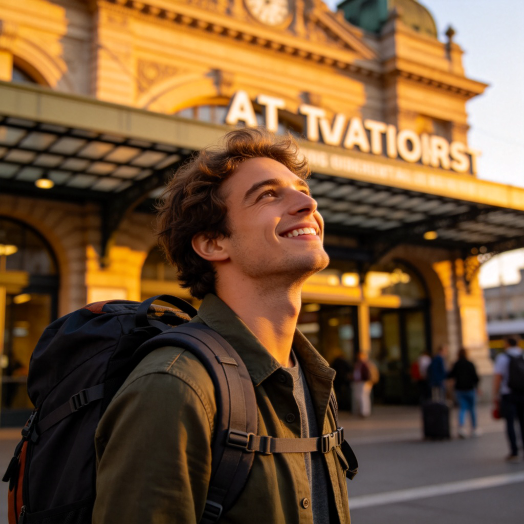 A traveler with a backpack standing in front of a famous landmark like a train station entrance or a welcome sign, looking up with a satisfied smile, as if they have just arrived. Focus on the traveler's expression and the recognizable location. No text.