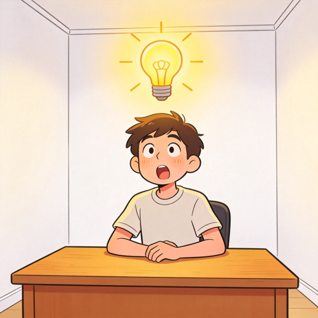 A person with a lightbulb symbol appearing above their head, looking surprised and inspired. They might be sitting at a desk or standing in a simple room. The lightbulb is bright and clear, representing a sudden idea. Cartoonish or clean illustration style. No text.