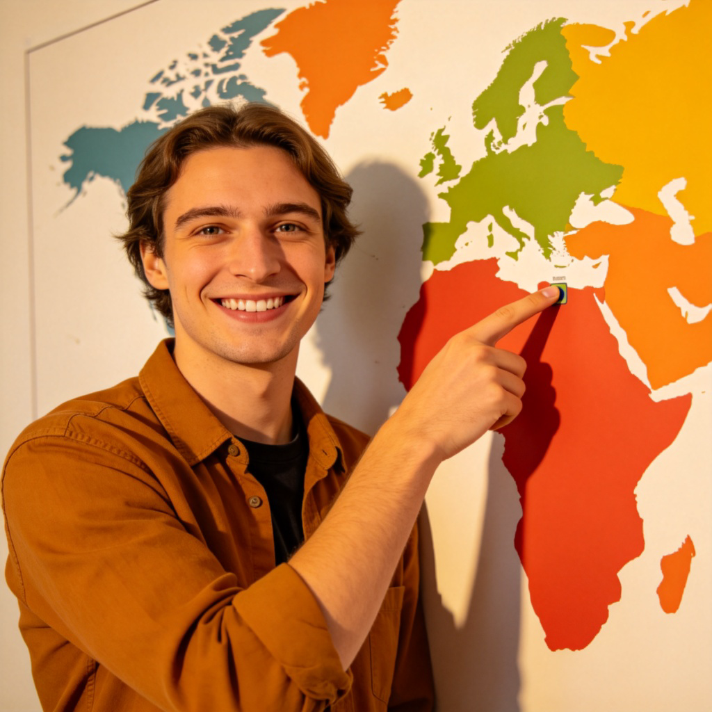 A smiling person pointing to a spot on a large world map hanging on a wall. The map is simple and colorful, and their finger is clearly indicating a specific country or city. Focus on the person's action and the map. No text.