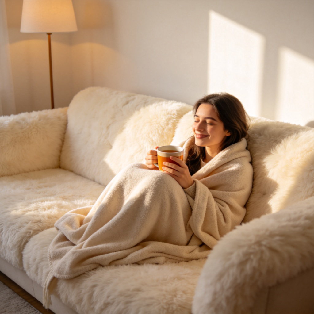 A person curled up on a large, plush sofa with a soft blanket, holding a warm mug of tea. They are smiling and look completely relaxed. The room is tidy and softly lit by a floor lamp. Focus on the relaxed posture and cozy setting. No text.