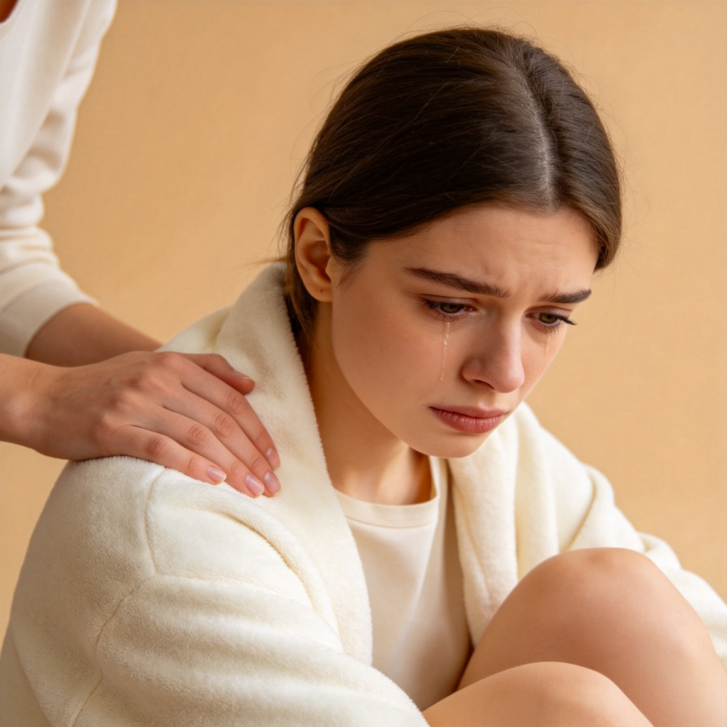 One person gently putting a hand on the shoulder of another person who looks sad and is sitting with head slightly bowed. The comforter has a warm, empathetic expression. Simple background, focus on the supportive gesture and facial expressions. No text.