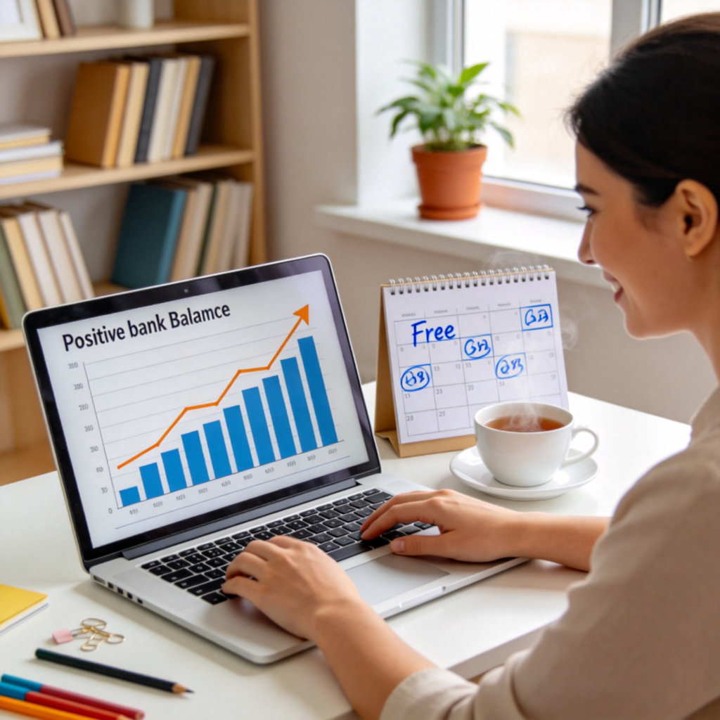 A person sitting at a tidy desk at home, smiling while looking at a laptop screen showing a positive bank balance graph. A cup of tea and a calendar with free days marked are beside the laptop. Bright, clean home office setting. Realistic style.